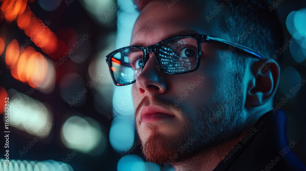 Aufkleber Programmer working late at night on computer code reflecting in glasses