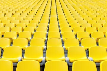 Naklejka premium Bright yellow stadium seats arranged in perfect symmetry, creating repetitive patterns, on a light background. Concept of seating arrangement and uniformity. Ai generative.