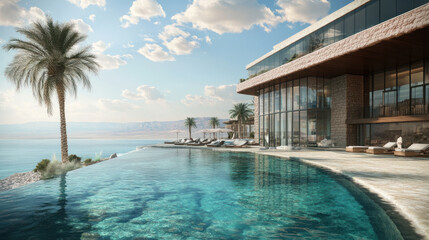 Fototapeta premium A luxurious resort along the Dead Sea coastline, framed by turquoise water with visible salt layers, under a sky filled with reflected cloud patterns
