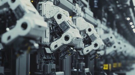 Industrial Robots Moving Machinery Parts on Production Line Setup