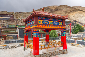 Typical Tibetan houses along the road to Sakya Monastery, Shigatse, Tibet, China