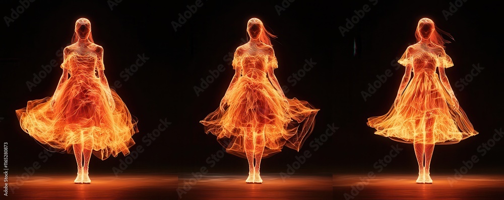 Leinwandbilder a mesmerizing display of ethereal figures dancing in fiery light, showcasing a blend of elegance and