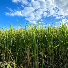 Obraz premium Sugar Cane field with blue sky and white clouds background.