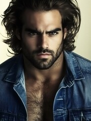 Obraz premium Close up portrait of a handsome young man with intense gaze, long hair, and a beard, wearing an open denim jacket, exuding confidence and masculinity