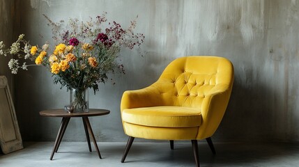 A cozy yellow armchair beside a floral arrangement on a table.
