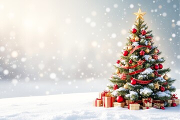Beautiful Christmas tree with red and gold ornaments, wrapped gifts underneath, in a snowy outdoor setting. Festive and joyful holiday concept. Ai generative