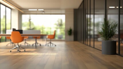 Blurred Abstract Office Environment with Modern Furniture and Plants