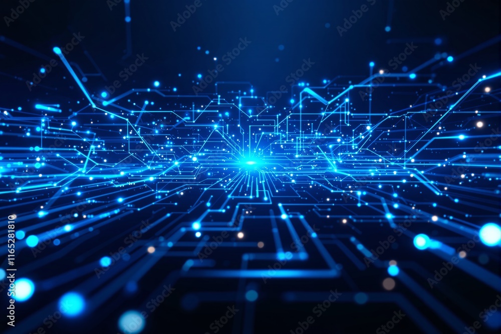 Poster abstract glowing blue grid of interconnected digital nodes on a dark background, illustrating futuri