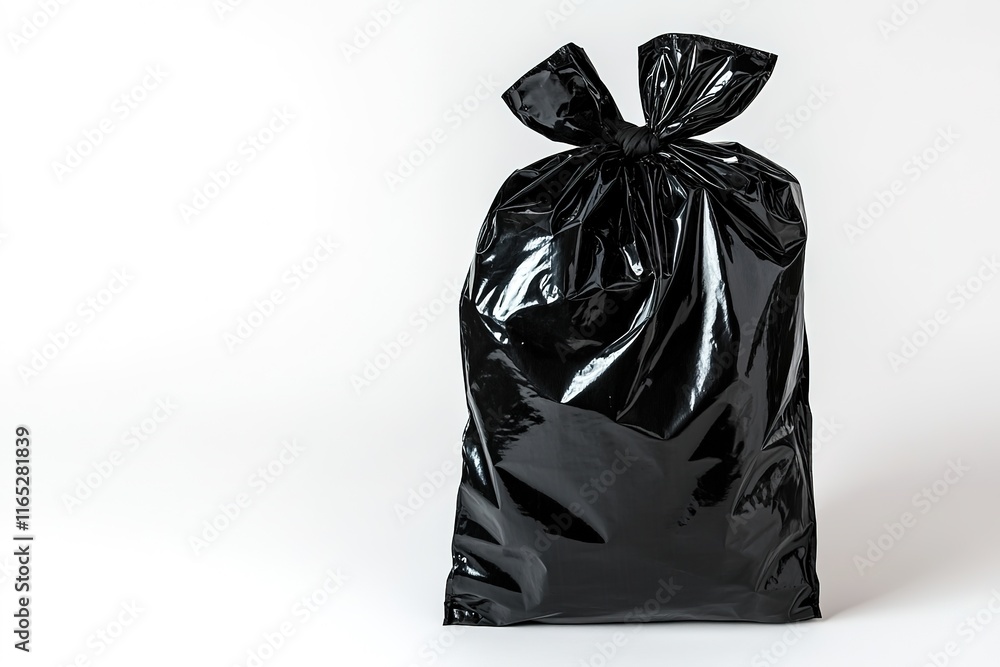 Poster black garbage bag tied at top displayed against plain white background emphasizing its glossy textur