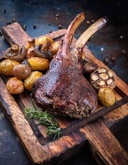 Barbecue dry aged haunch of venison with mushroom and potatoes as close-up on an old cutting board