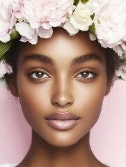 Naklejka premium Studio beauty portrait of a beautiful young woman with perfect skin wearing a flower crown