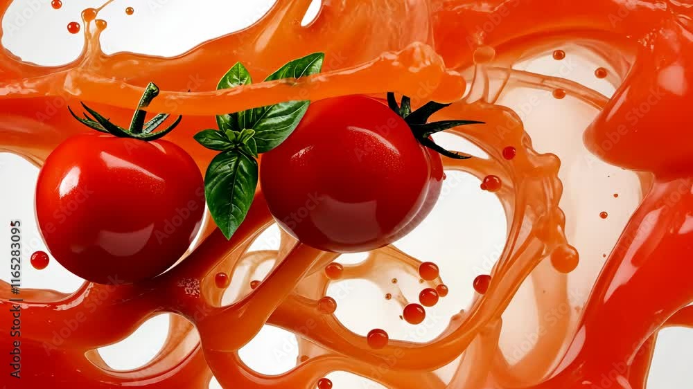Poster close up of two red tomatoes with a splash of red sauce in the background. the tomatoes are surround