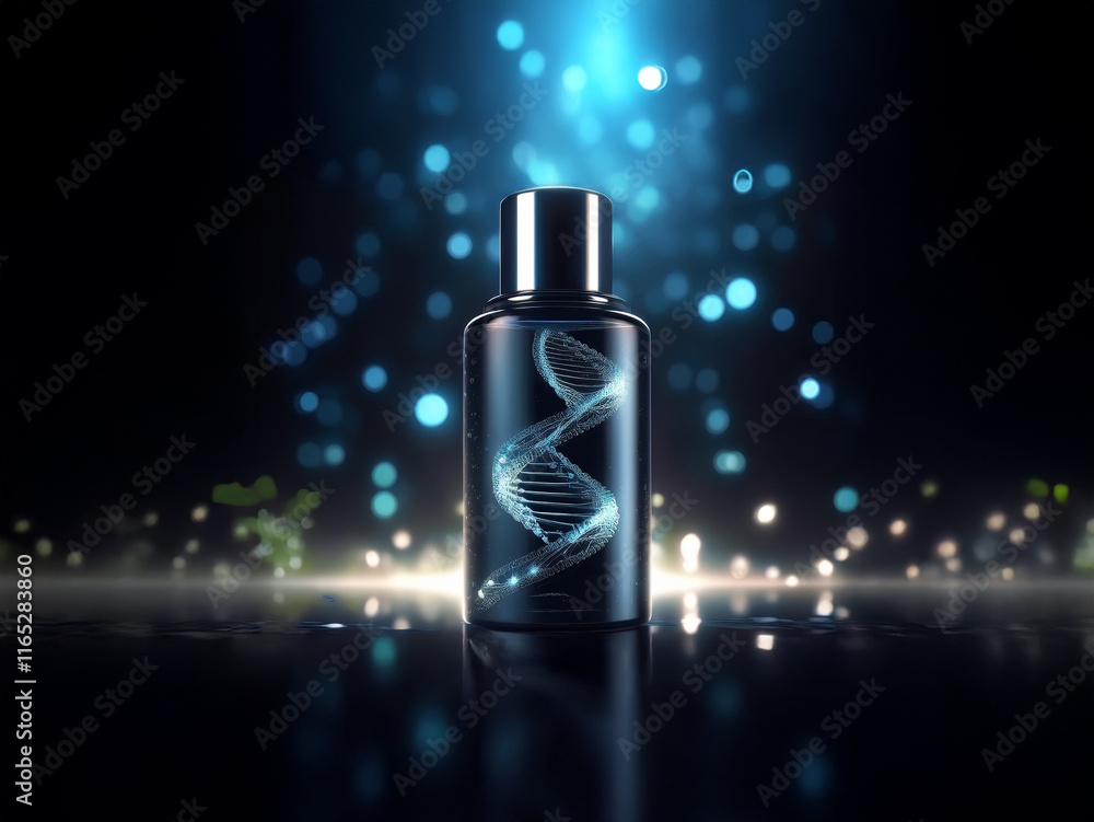 Aufkleber a sleek, dark bottle with a glowing dna helix design sits on a reflective surface, illuminated by a 