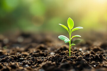 Small green sprout growing from soil, natural blurred background, sunlight creating a warm tone, concept of growth, nature, and new beginnings. Ai generative