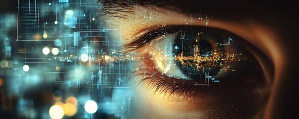 Human eye reflecting futuristic cityscape and digital information flow