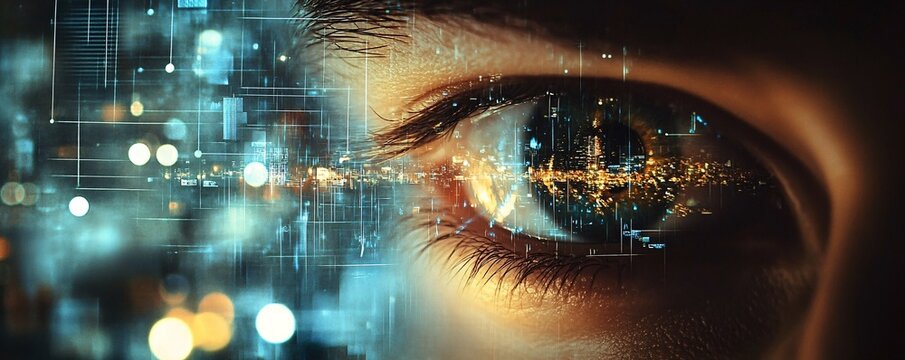 Human eye reflecting futuristic cityscape and digital information flow - Powered by Adobe