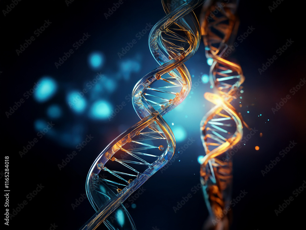 Poster close-up view of two intertwining dna double helix structures. one helix glows brightly, suggesting 