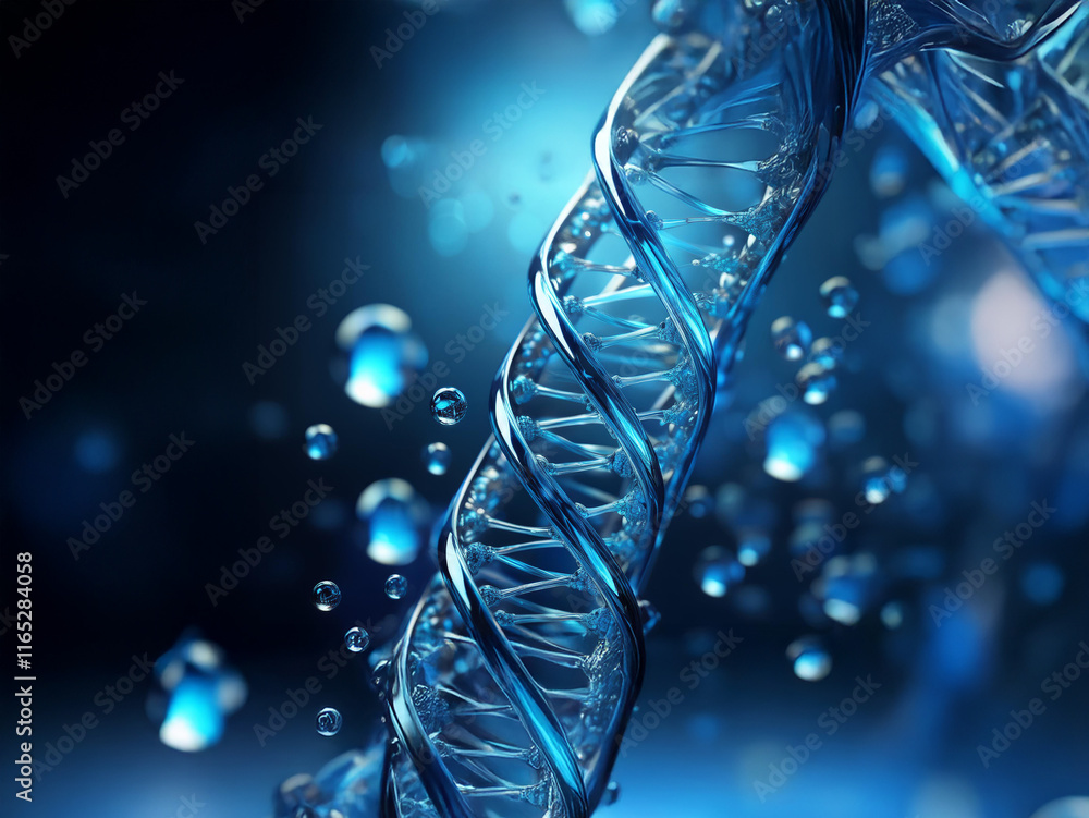 Poster a mesmerizing 3d rendering of a dna double helix, translucent and glowing blue, surrounded by floati