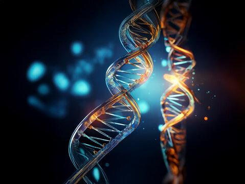 Close-up view of two intertwining DNA double helix structures. One helix glows brightly, suggesting genetic activity or mutation.  Dark blue background with bokeh effect. - Powered by Adobe