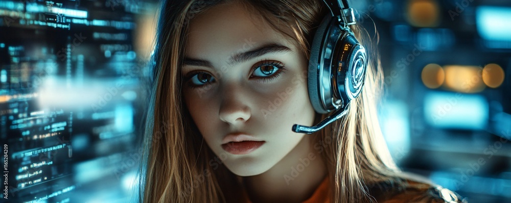 Aufkleber young programmer woman wearing headphones working with computer code on screen at night