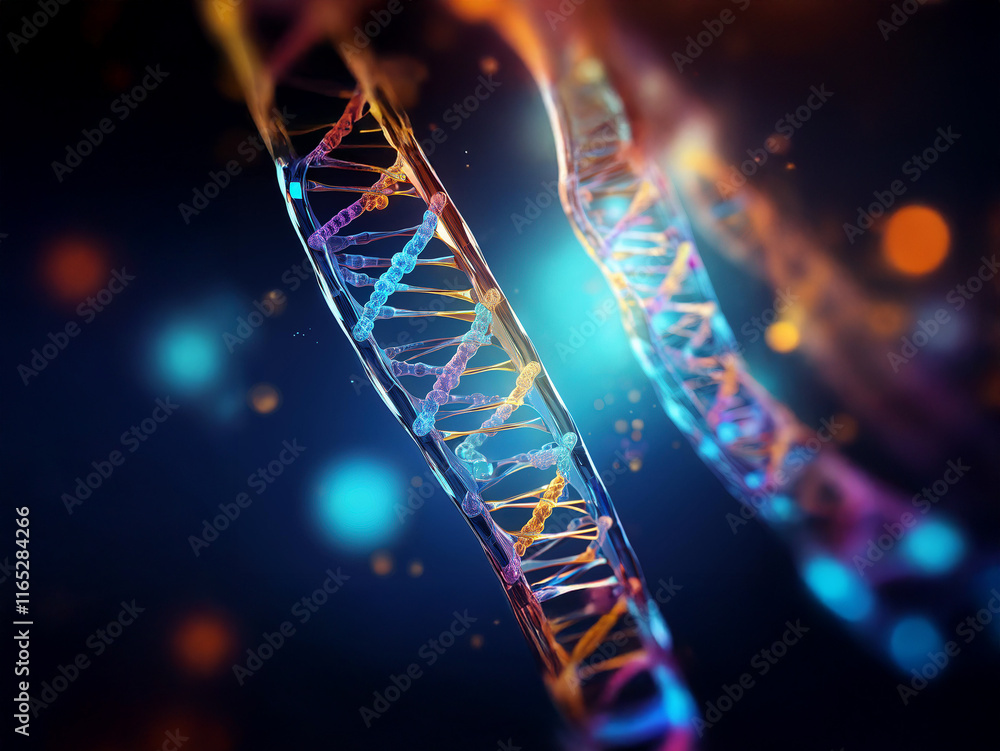Poster close-up view of vibrant, double helix dna strands. glowing colors and bokeh effect create a dynamic