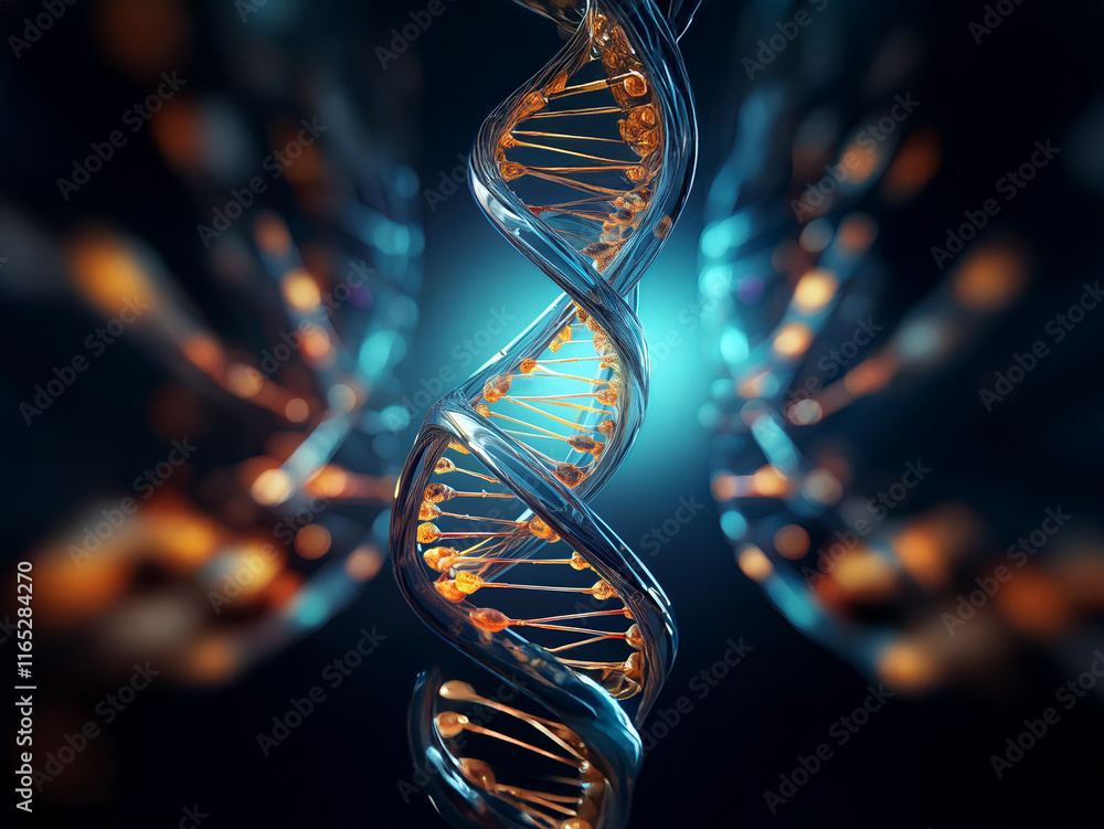 Poster a detailed 3d rendering of a dna double helix, glowing with an ethereal light against a dark blue ba