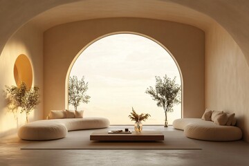 Serene Minimalist Living Room Arch Window Beige Sofa