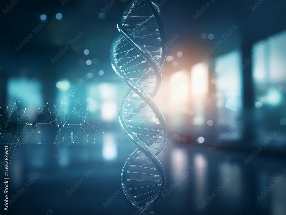 Poster a detailed 3d rendering of a dna double helix in a futuristic laboratory setting. the image emphasiz