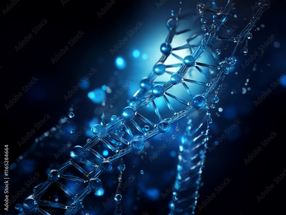 Poster a mesmerizing 3d rendering of a dna double helix, rendered in translucent blue, with water droplets 