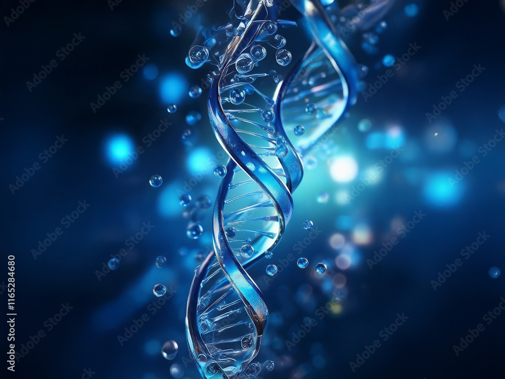 Poster a mesmerizing 3d rendering of a dna double helix, rendered in translucent blue, floats against a dar