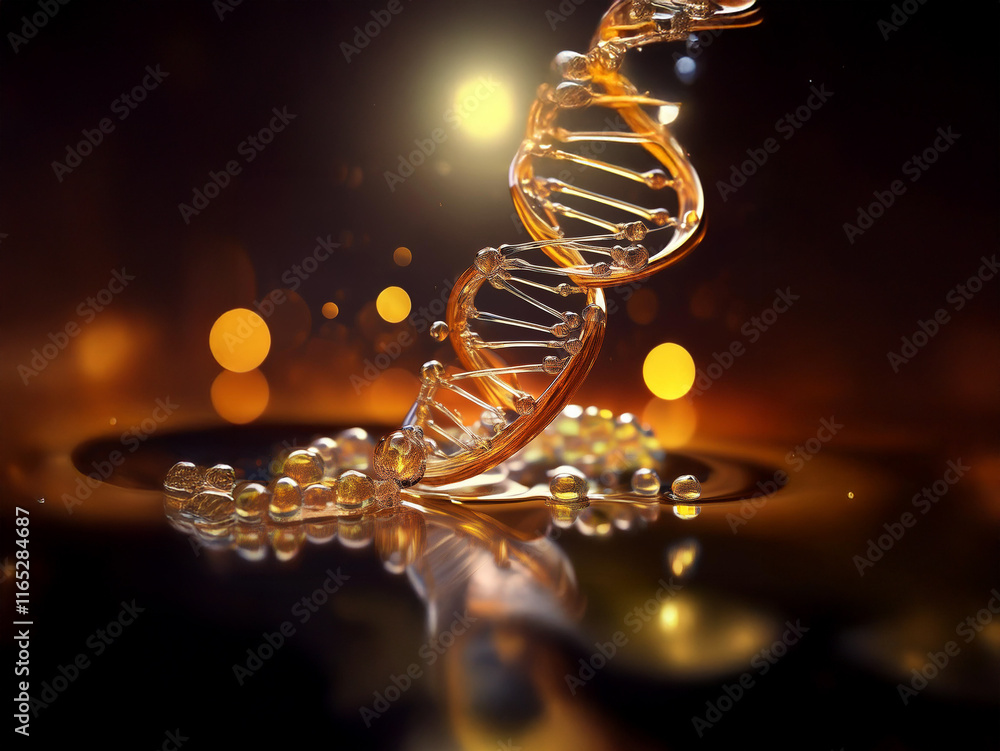 Poster glowing amber dna helix descends into a shimmering, dark liquid, reflecting its structure. the backg