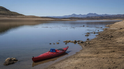 A single kayak stranded in the dried-out Sau reservoir, surrounded by bone-dry earth and scattered debris, with a faint mountain range in the distance.