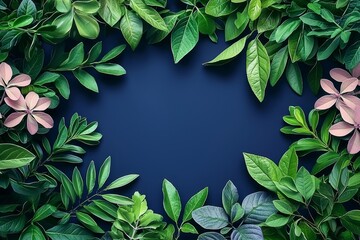 Fototapeta premium Lush Green Leaves Frame Pink Flowers Background