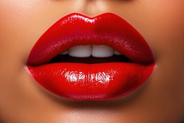 Obraz premium A close-up of vibrant red glossy lips with natural skin detail in a realistic style against a soft background, symbolizing beauty and makeup concepts. Ai generative