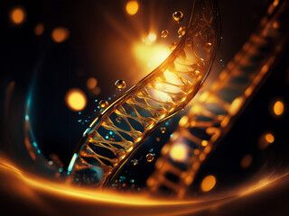 Glowing golden DNA helix spirals against a dark background, illuminated by a bright light source. Surrounding it are small glowing orbs and flowing, translucent trails.