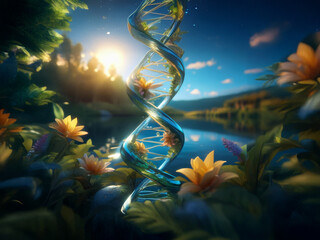 Serene landscape bathed in sunrise, featuring a translucent DNA double helix rising from vibrant flowers beside a tranquil lake.  The scene evokes a sense of nature's genetic code and life's delicate 