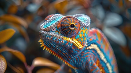 A captivating image of a chameleon changing colors, with a deep focus on its eye and skin texture, set against a natural, blurred background.