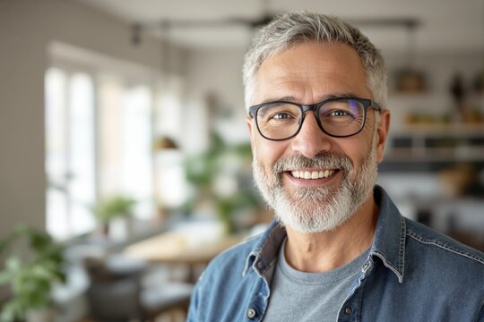 Smiling middle-aged man with gray hair and beard wearing glasses, standing in a bright, cozy home interior with blurred backgrounds. Cheerful concept. Ai generative