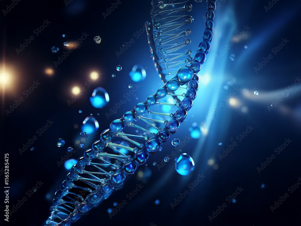 Poster a mesmerizing 3d rendering of a dna double helix, glistening with translucent blue droplets against 