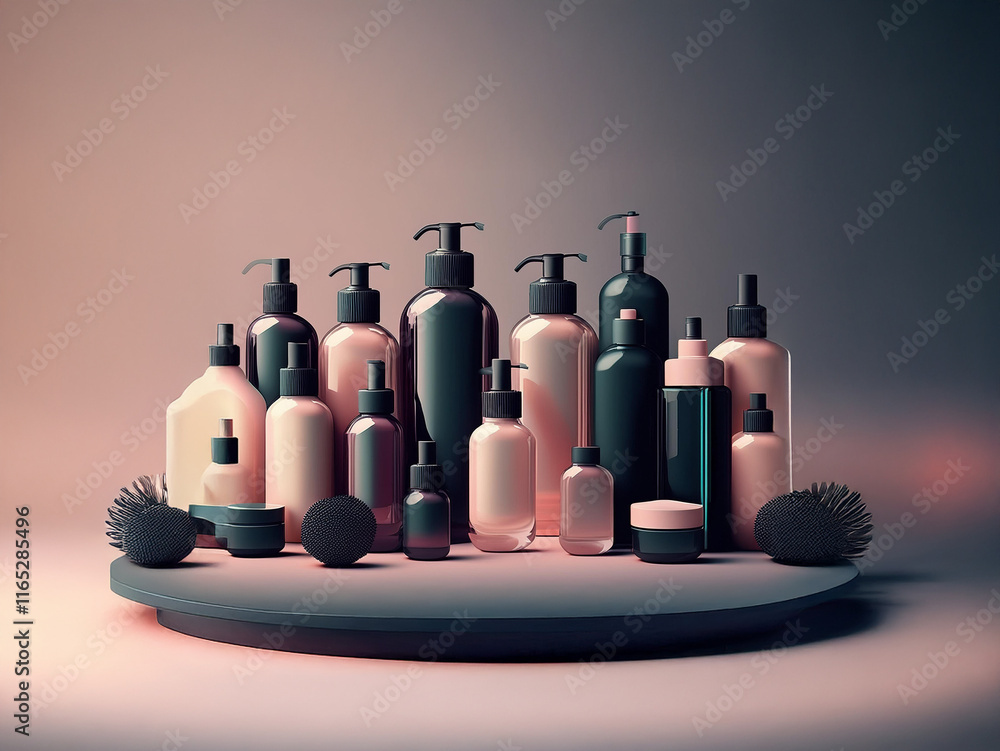 Poster A collection of sleek cosmetic bottles and jars in black and beige tones, artfully arranged on a circular platform, creating a sophisticated and minimalist aesthetic.  Two small decorative spheres fla