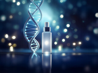 Glowing serum bottle beside a DNA helix, reflecting on a dark surface.  A futuristic image suggesting advanced skincare or genetic research.