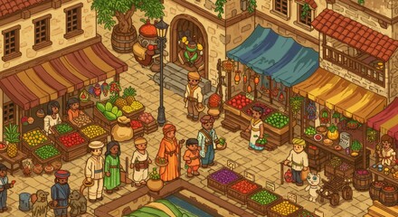 Obraz premium Colorful market square packed with diverse vendors and fresh produce in a vibrant setting