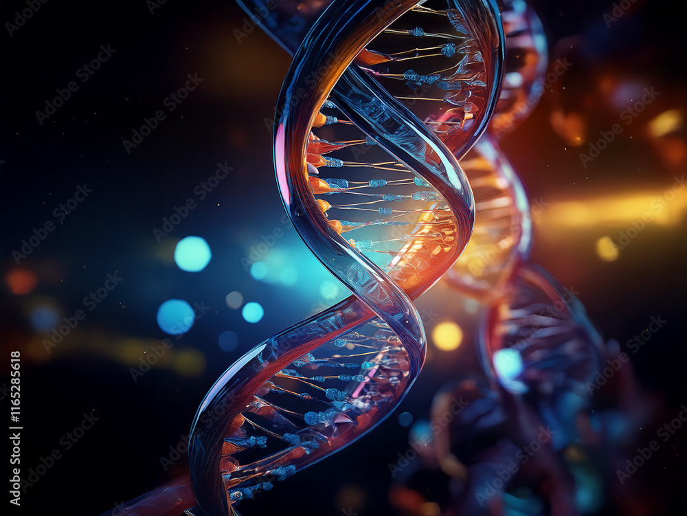 Poster a vibrant, three-dimensional rendering of a dna double helix. glowing orange and blue hues illuminat