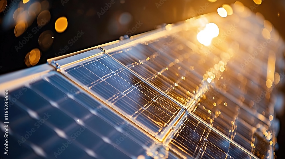 Poster close-up of spacecraft solar panels reflecting light with blurred celestial objects creating focus