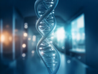 A glowing DNA double helix dominates the foreground, suspended in a blurred, futuristic laboratory setting.  The image suggests scientific advancement and genetic research.