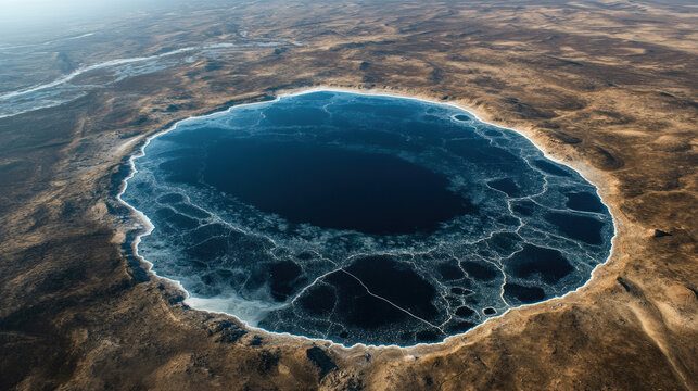 A top-down view of Elton Lake's salt-encrusted basin, highlighting its unique mineral streaks and the stark beauty of the arid Volgograd Oblast landscape