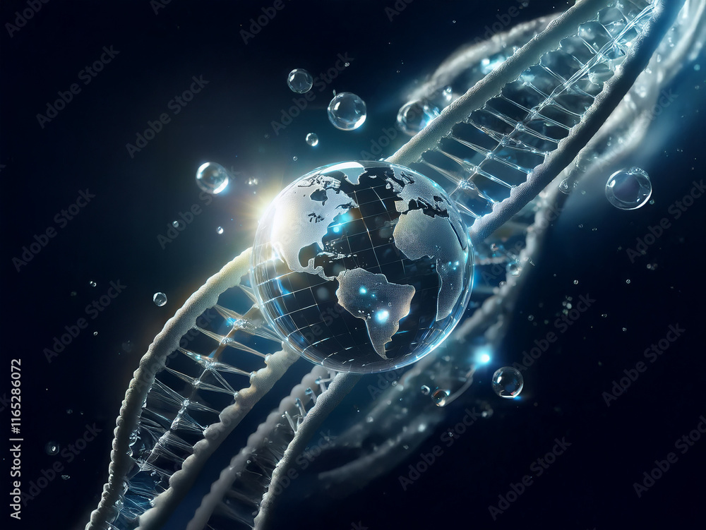 Poster a glowing earth sits at the heart of a double helix dna strand, surrounded by shimmering bubbles aga
