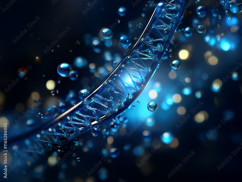 Aufkleber a mesmerizing 3d rendering of a dna double helix, glistening with blue light and surrounded by float