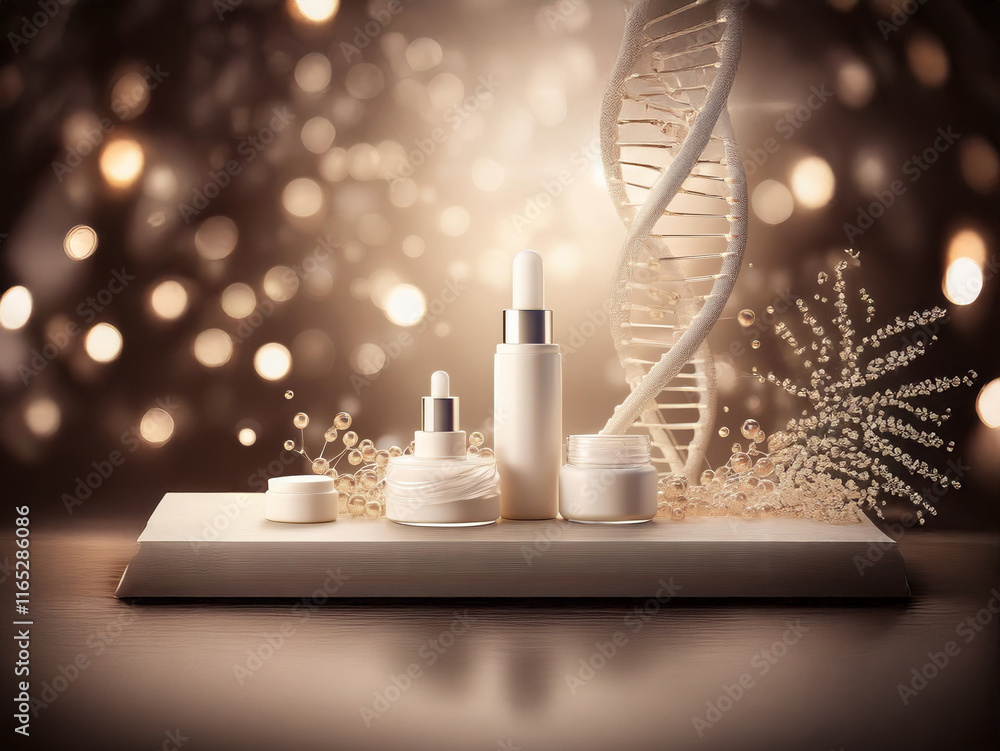 Poster Elegant white cosmetic containers displayed on a sleek platform, illuminated against a bokeh backdrop, with DNA helix and decorative elements suggesting advanced skincare.