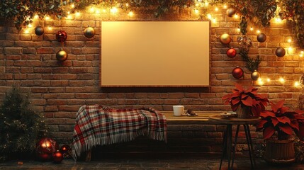 Mockup on rustic brick wall with lights plaid bench and coffee decor